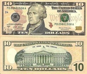 Counterfeit 10 dollar bill